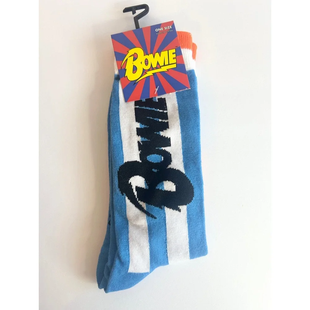 David Bowie Crew Socks Blue White Striped Music Legend Logo Fits Size 7-12